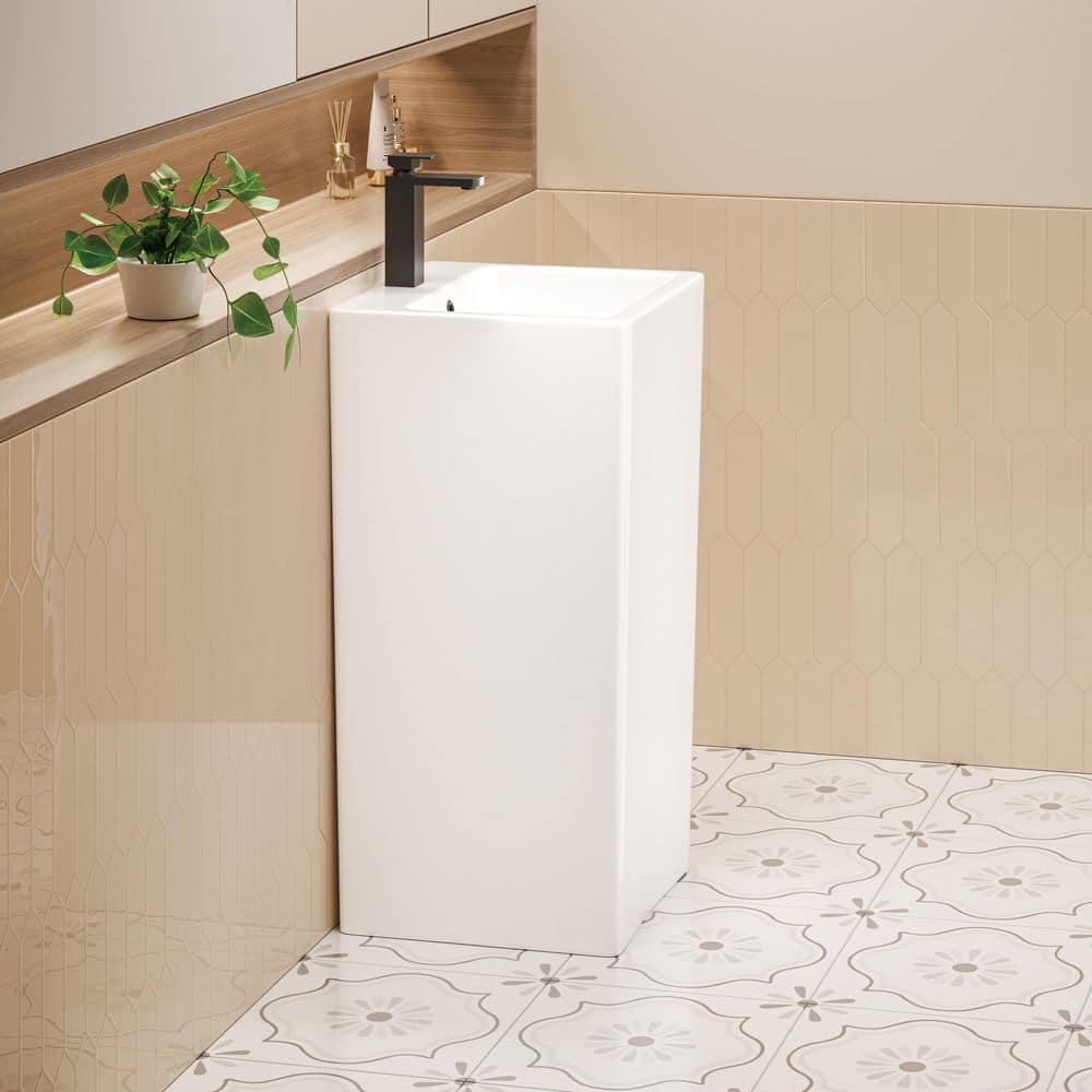 Glossy White Ceramic Square Pedestal Bathroom Sink