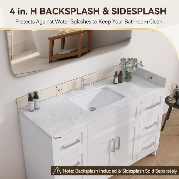 54 in. W x 22 in. D Engineered Stone White Rectangular Single Sink Vanity Top in Carrara White With 4 in. H Backsplash