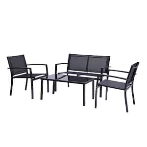 Black 4-Piece Patio Furniture Set Outdoor Garden Metal Patio Conversation Sets Lawn Chairs with Glass Coffee Table
