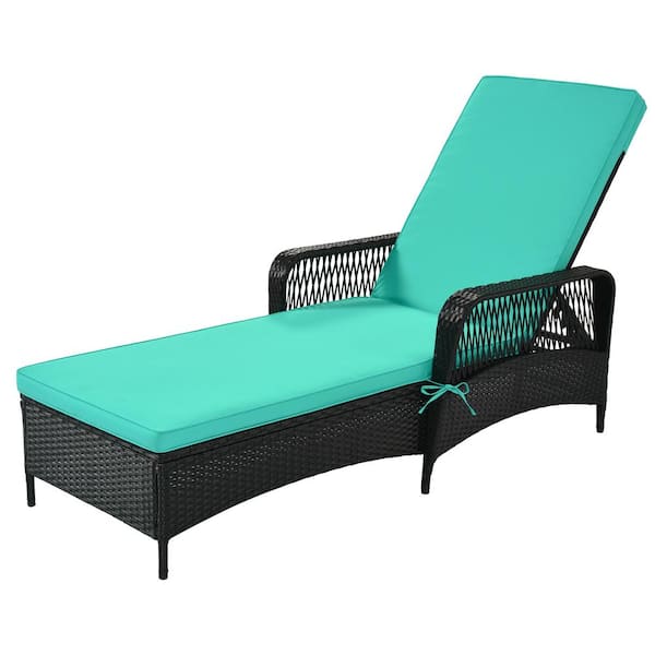 Jushua 1-Piece Patio Wicker Chair Outdoor PE Rattan Wicker Lounger With Adjustable Backrest and Green Cushion