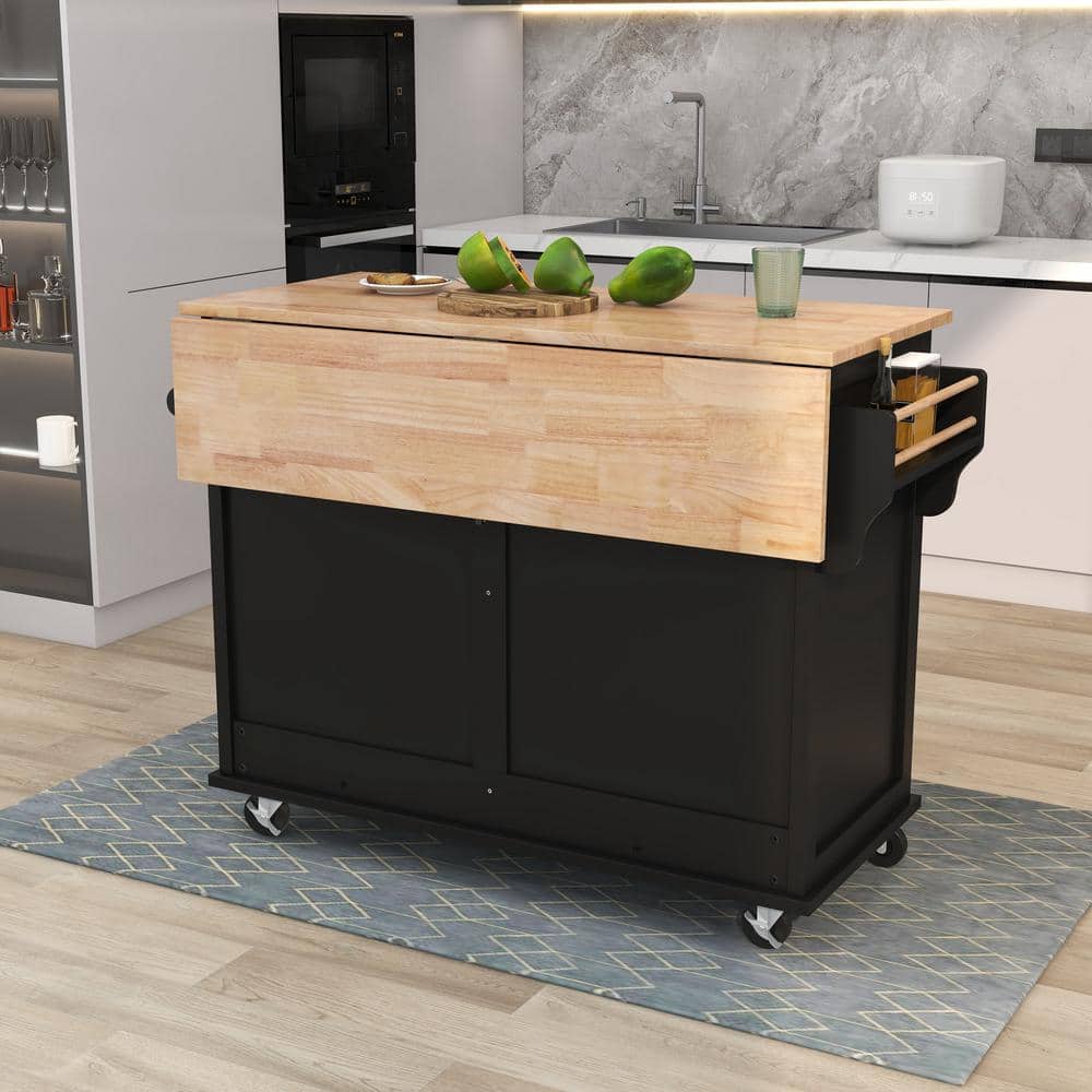 Harper & Bright Designs 52.2 in. W Black Kitchen Cart with Rubber Wood