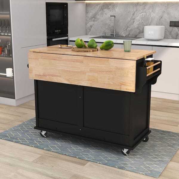 Harper & Bright Designs 52.2 in. W Black Kitchen Cart with Rubber Wood Drop-Leaf Countertop, Storage Cabinet and 2-Drawers