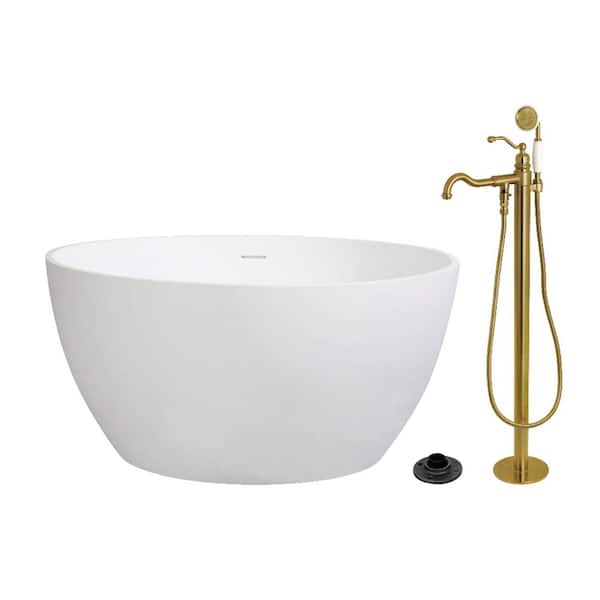 Arcticstone 45.6 in. x 45.6 in. Surface White Stone Flatbottom Soaking Freestanding Bathtub in White/Brushed Brass