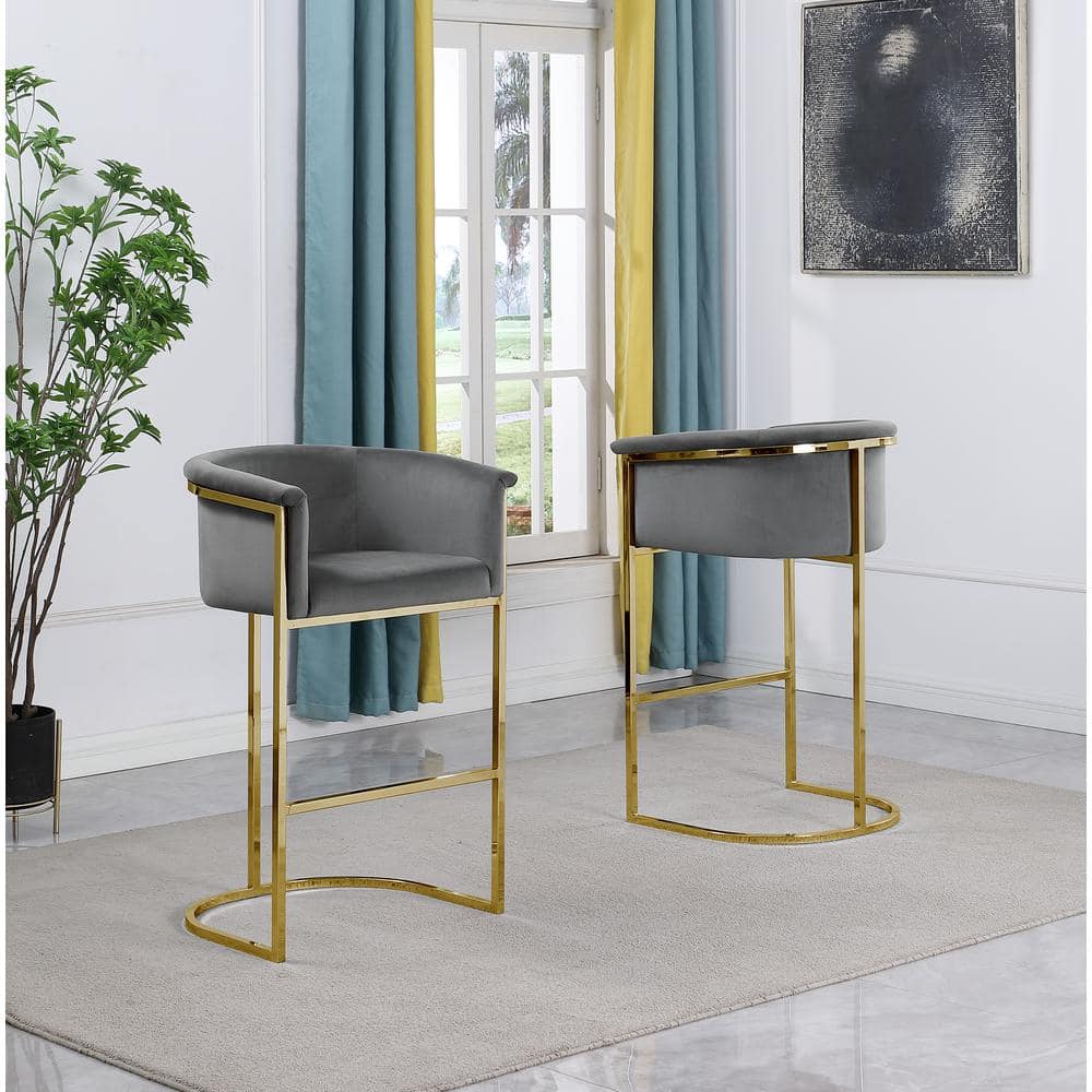 Dark Grey Low Back Gold Metal Frame Counter Height Chair with Velvet Fabric