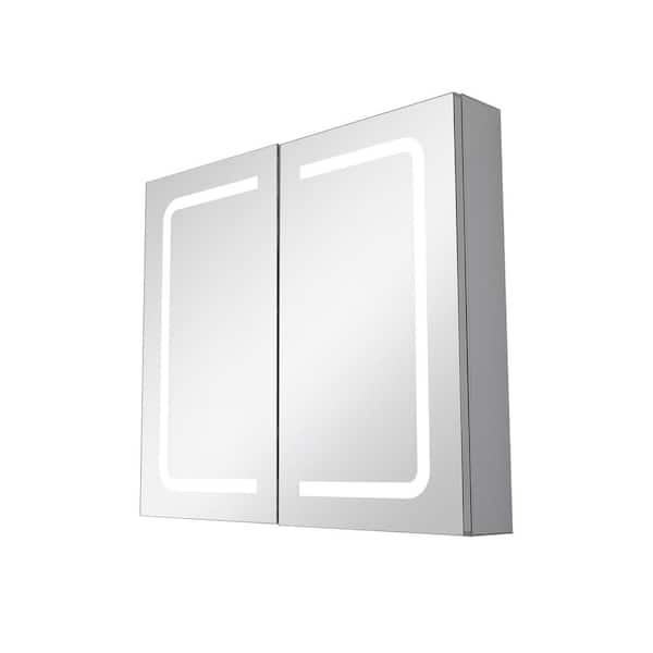 Unbranded 31.5 in. W x 27.5 in. H Rectangular Aluminum Bathroom Medicine Cabinet with Mirror and LED Lights in Transparent