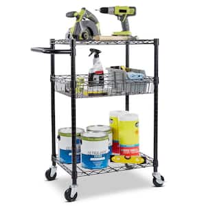 3-Tier Steel Wire Multipurpose Basket Shelf Adjustable Storage Utility Cart in Black