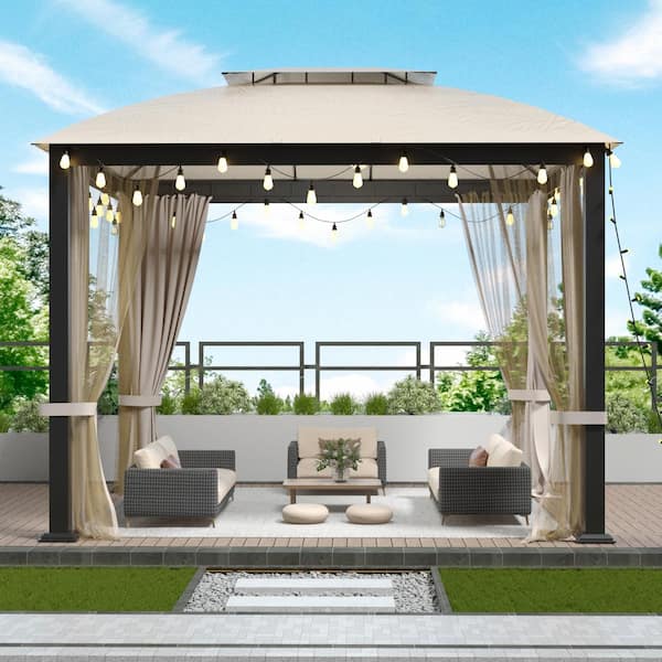 Unbranded 10 ft. x 10 ft. Beige Soft top Metal Gazebo with Mosquito Net, Double Roof and Curtains for Garden, Patio, Backyard