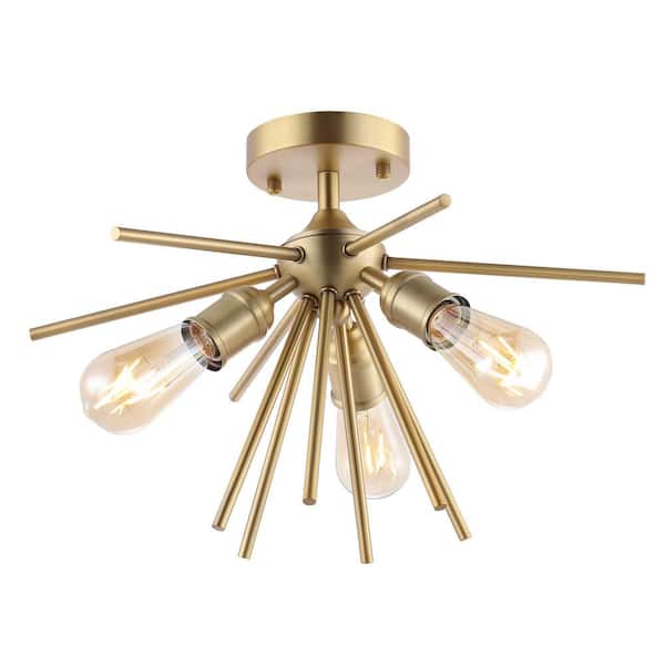 WINGBO 10.6 in. 3-Light Painted Semi- Flush Mount with No Bulbs Included Golden