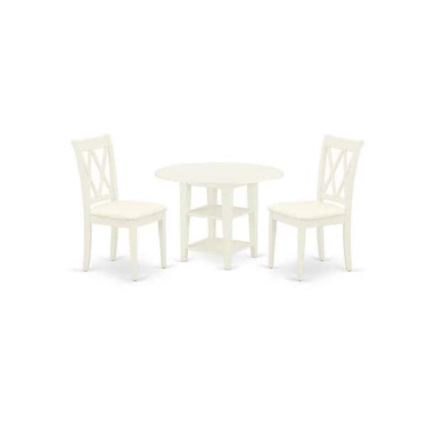 East West Furniture 3-Piece Linen White Finish Round Solid Wood Top With Dropleaf Dining Table Set