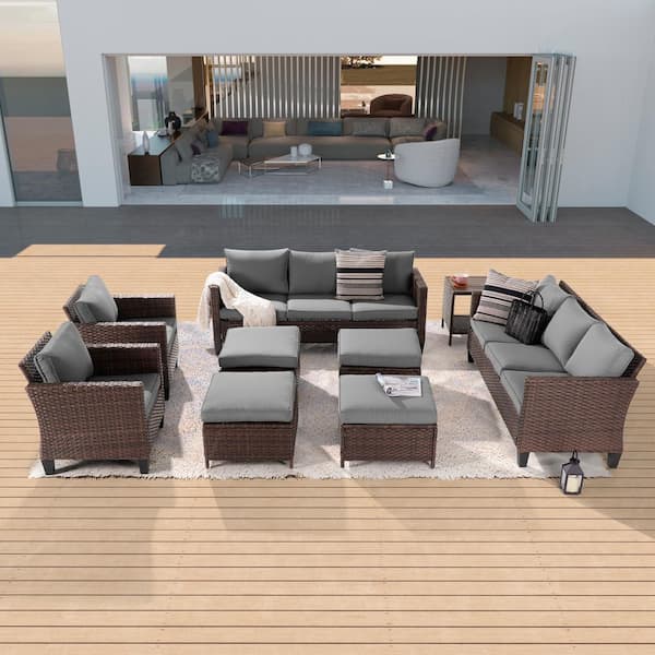Sonkuki 9-Piece Patio Sofa Set Brown Wicker Outdoor Furniture Set with Side Table, Gray