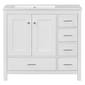 36 in. W Single Sink Freestanding Bath Vanity in White with White Ceramic Top, 2 Soft Close Doors and 5 Drawers