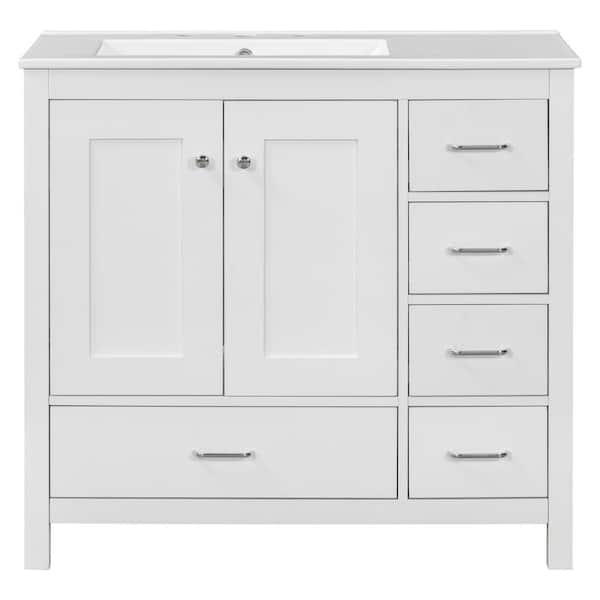 36 in. W Single Sink Freestanding Bath Vanity in White with White Ceramic Top, 2 Soft Close Doors and 5 Drawers