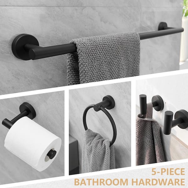 Bathroom Hardware Set 5-Piece Bath Hardware Set with Towel Bar,Towel Ring, Robe Hook, Toilet Paper Holder in Black