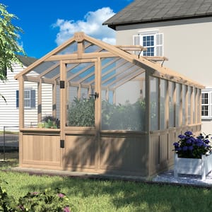 8 ft. W x 16 ft. D x 8 ft. H Cedar Wood Brown Garden Plant Greenhouse for Outdoors w/ Multi-Layer Polycarbonate Panels