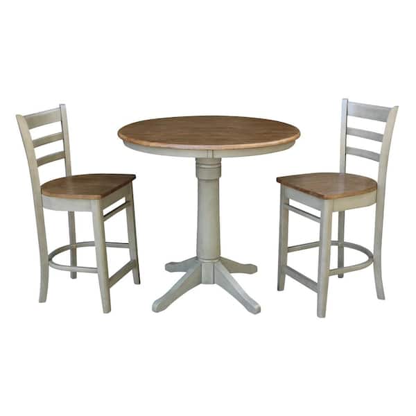 International Concepts Olivia 3-Piece 36 in. Hickory/Stone Round Solid Wood Counter Height Dining Set with Emily Stools
