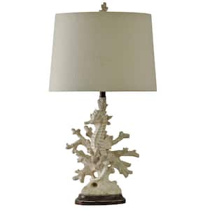 32 in. Distressed White Coral Table Lamp with White Hardback Fabric Shade