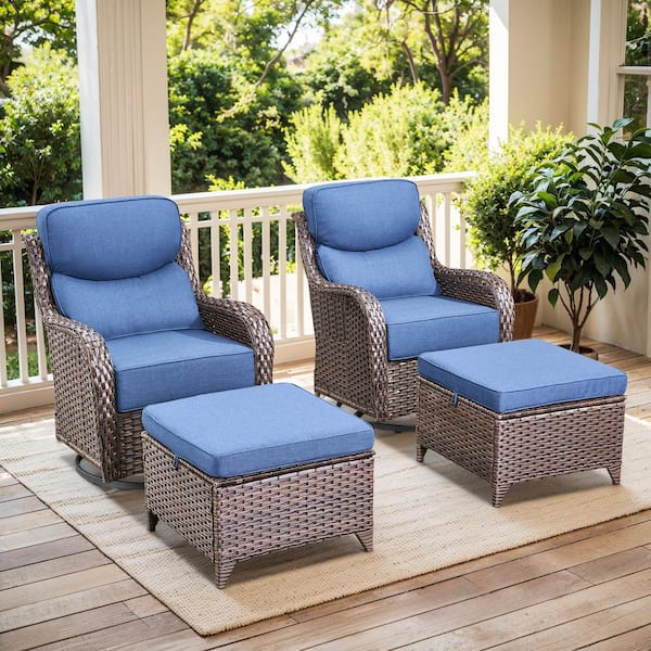 Crescent Brown Swivel Glider Wicker Patio Conversation Set with Blue Olefin 6 In. Thick Cushions/Ottoman (4-Piece)