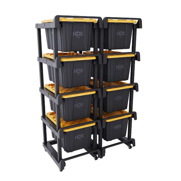 4-Tier Plastic Shelving Tote Stacker with Casters and 27 Gal. Tough Storage Tote in Black and Yellow (2-Piece Set)