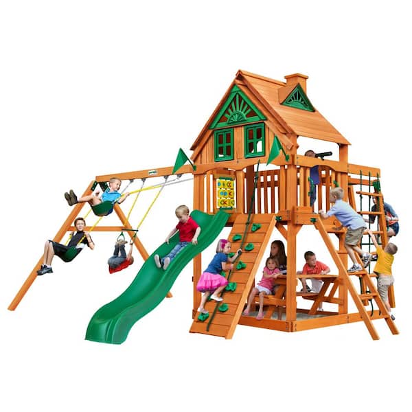 Gorilla Playsets Navigator Treehouse Wooden Outdoor Playset with Monkey Bars, Rock Wall, Wave Slide, and Backyard Swing Set Accessories