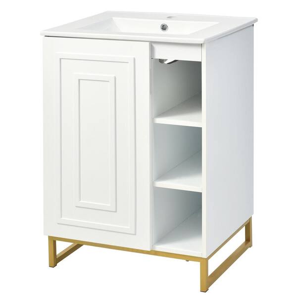 Tenleaf 24 in. W Single Sink Freestanding Bath Vanity in White with White Ceramic Top, Semi-open Storage
