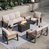 Sizzim 5-Piece Aluminum Wood Armrest Outdoor Patio Conversation Set, 50000 BTU Propane Firepit Table, Light Grey Chair Cushions SM-G13001-ABC4L