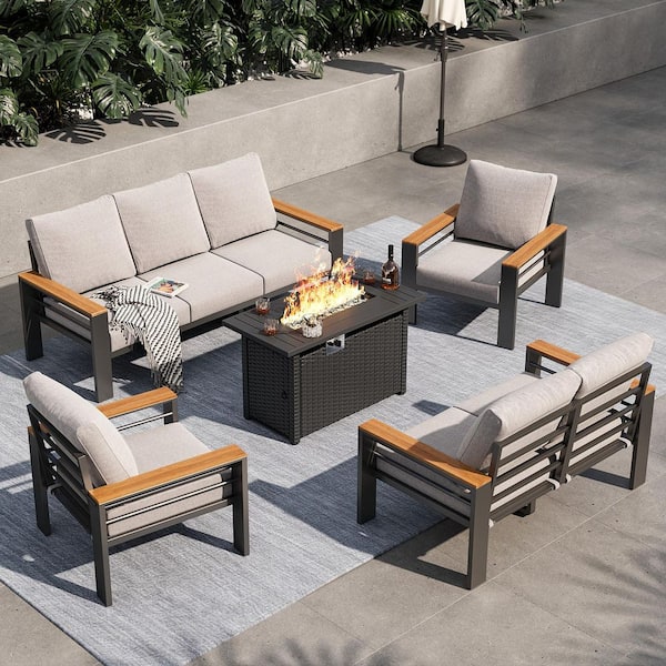 5-Piece Aluminum Outdoor Patio Conversation Set with wood armrest, 50000 BTU Propane Firepit Table and Chair Cushions