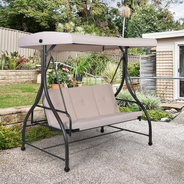 3-Person Metal Outdoor Patio Swing Hammock Porch Swing Glider with Beige Cushions