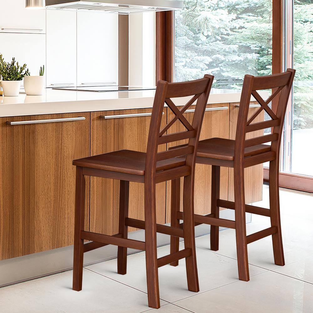 Antique Walnut 24'' Rubber Wood Counter Height Bar Stool Set