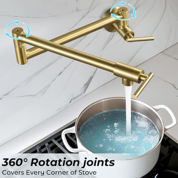 Restaurant Wall Mount Pot Filler Faucet Double Handle in Brushed Gold