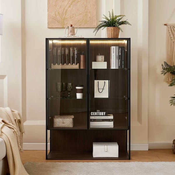 Black/Dark Walnut 51.25 in. Accent Cabinet, Pantry Cabinet with Glass Door, 4-Tier Adjustable Glass Shelves