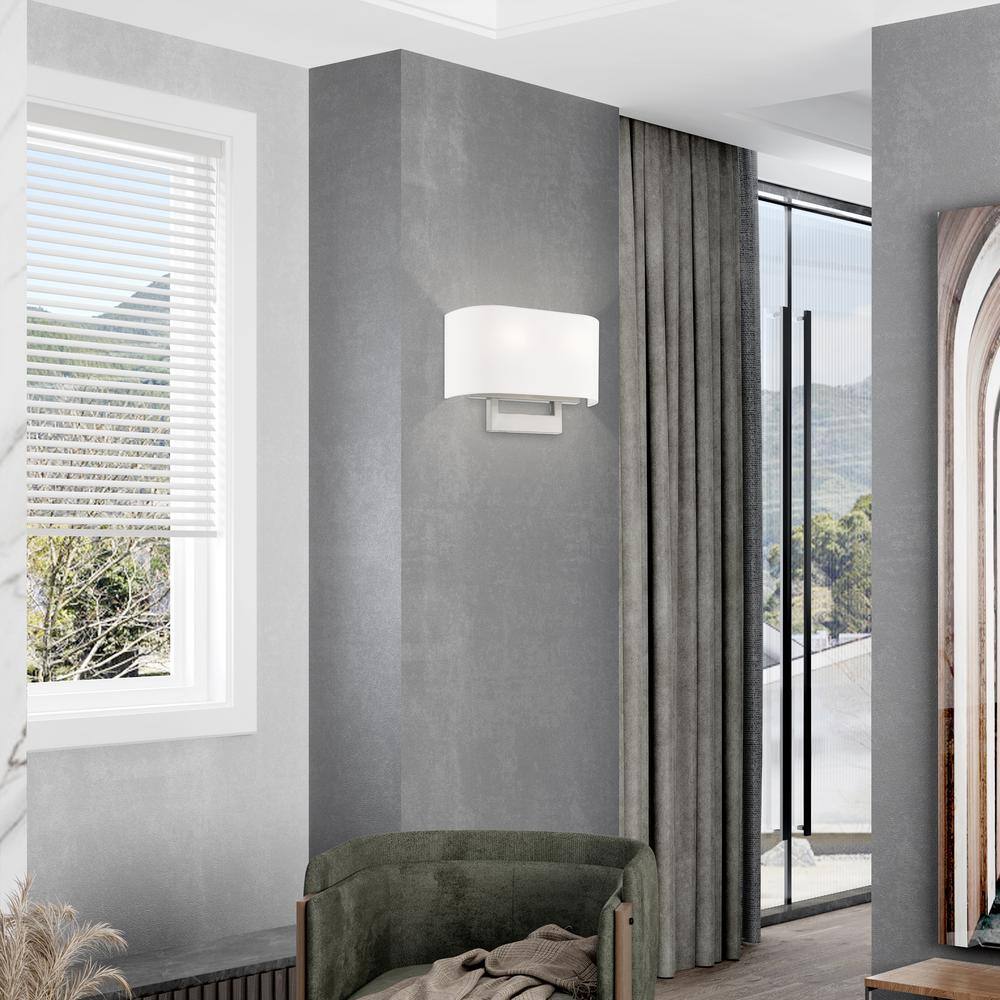 Brushed Nickel 2-Light Wall Sconce with Off-White Shade