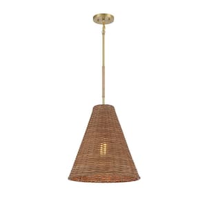 16 in. W x 17 in. H 1-Light Natural Brass Statement Pendant Light with Natural Rattan Shade