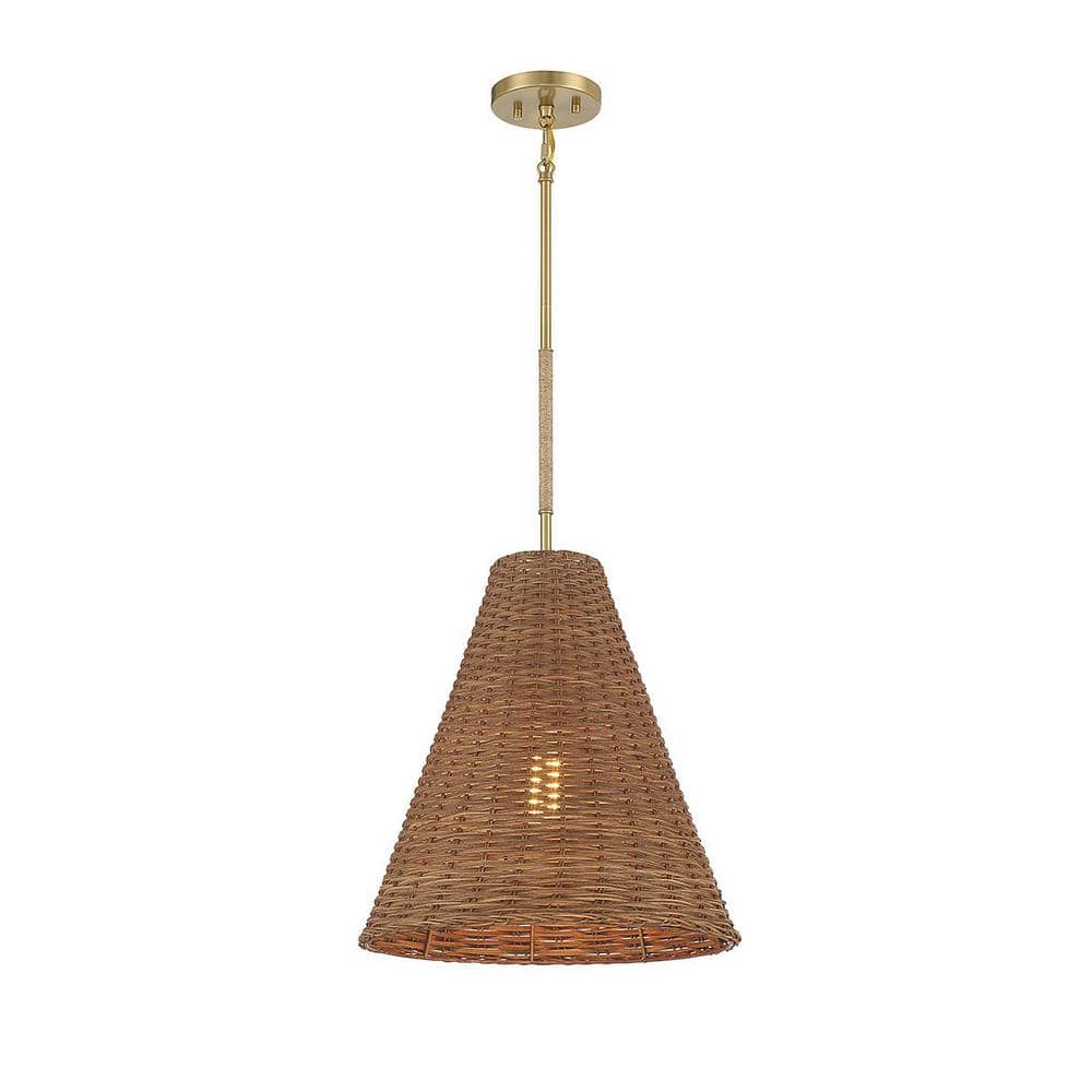 Natural Brass and Rattan Cone Pendant Light with Adjustable Height