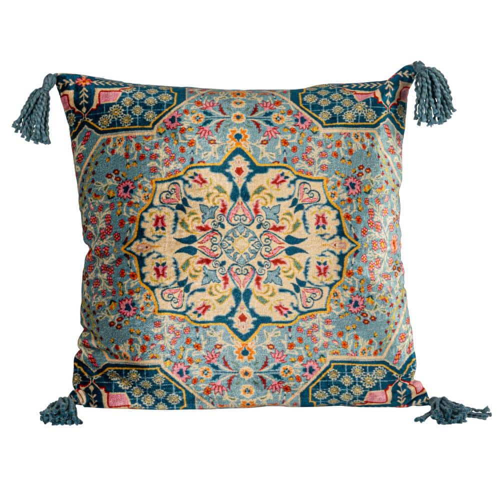 Multicolor Bohemian Rayon Square Throw Pillow with Tassels