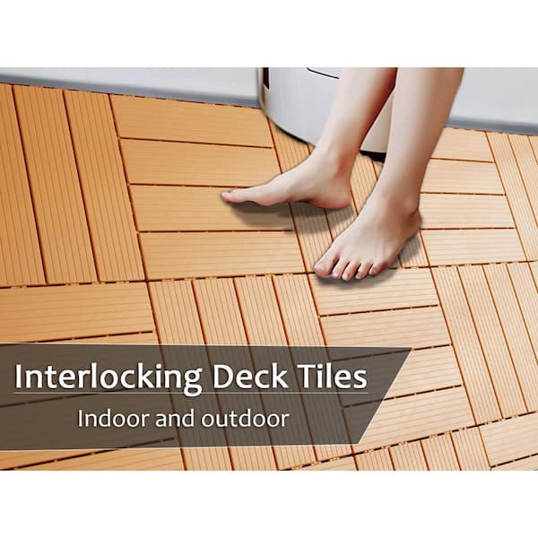GOGEXX 12 in. W x 12 in. L Outdoor Stripe Plastic Composite Flooring Deck Tiles (35 Per Box), Brown