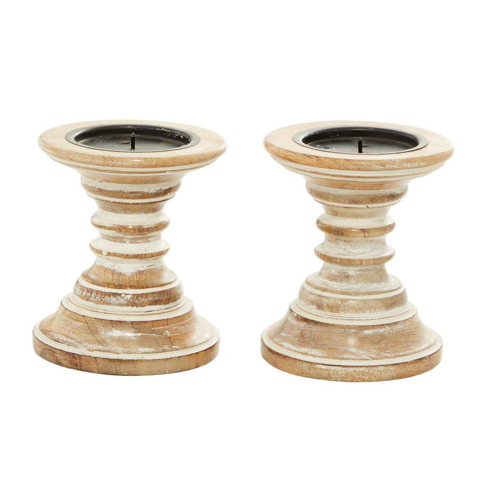 Rustic Light Brown Mango Wood Pillar Candle Holders, Set of 2