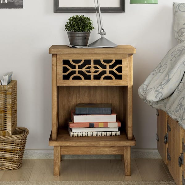 FUIN Farmhouse 1-Drawer Solid Wood Brown Nighstand with Open shelf 17.75 in. L x 15.75 in. W x 26 in. H