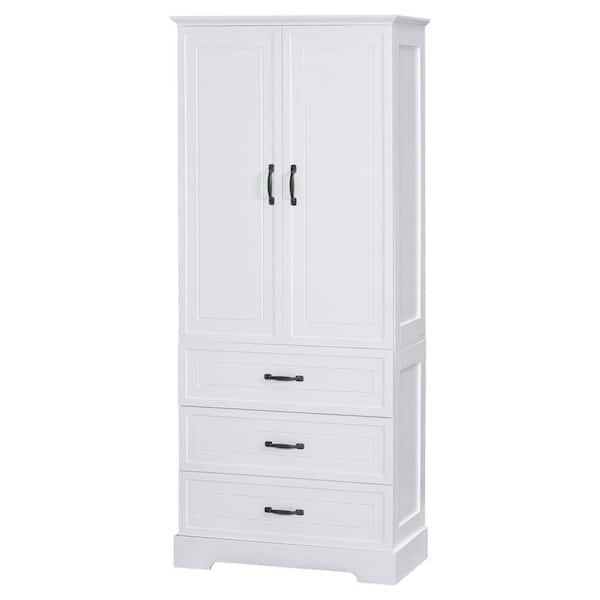 29 in. W x 16 in. D x 68.9 in. H White Linen Cabinet with Adjustable Shelf and Drawers