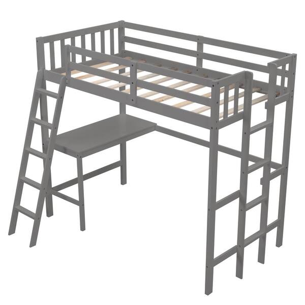 Godeer Gray Twin Loft Bed With Desk And Two Ladders Sm0002aae The Home Depot