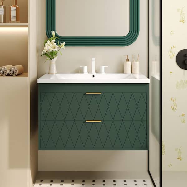 30 in. Single Sink Floating Green Bath Vanity with White Resin Top, 2 Drawers, Solid Wood Frame