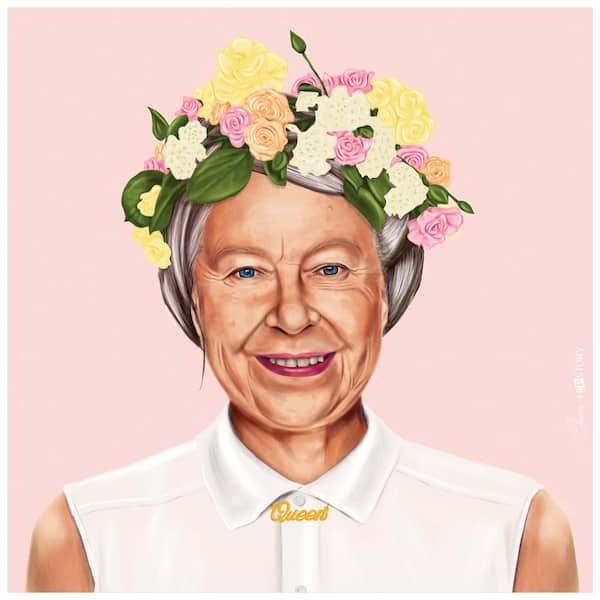Empire Art Direct "Hip Queen Elizabeth II" Multi-color Free Floating Reverse Unframed Printed Tempered Art Glass Wall Art 24 in. x 24 in.