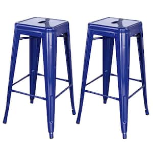 30 in. Blue Metal, Backless, Stackable Bar Stool (Set of 2)