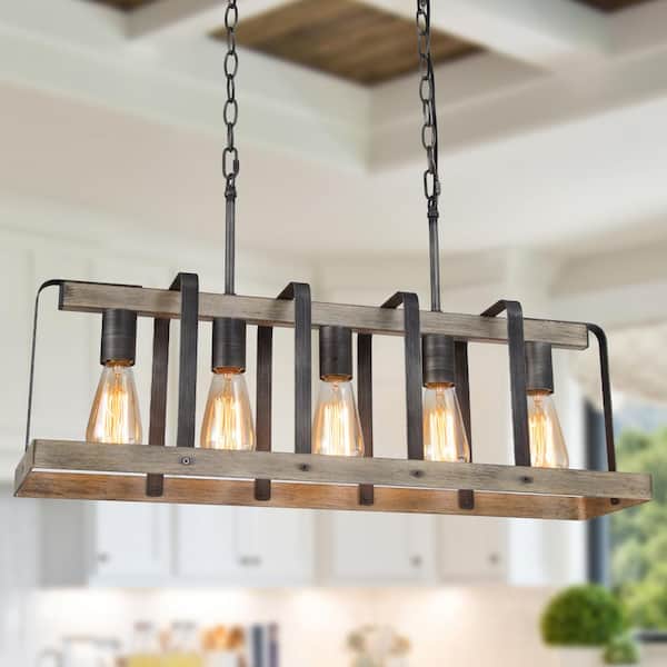 LNC Rustic Farmhouse Antique Faux Wood Pendant 5-Light Brown Industrial Cage Island Chandelier with Brushed Silver Finish