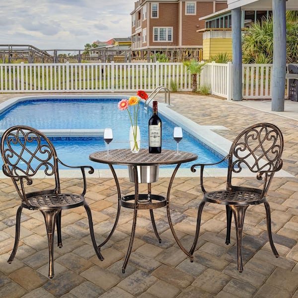 3 Piece Cast Aluminum Outdoor Table and 2 Chair Bistro Set with Ice Bucket 