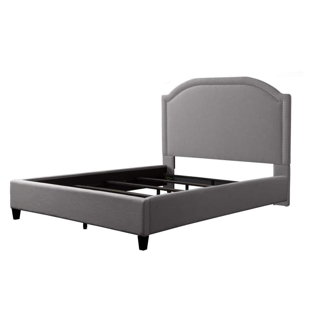 Arched Light Gray Upholstered Double Bed with Nailhead Trim