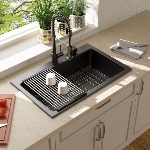 LORDEAR 33 in. Drop-in Single Bowl Matte Black Granite Composite Kitchen Sink with Bottom Grids and Strainer