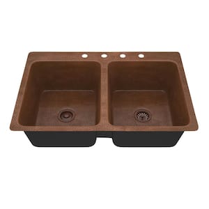 Shore Drop-in Handmade Copper 33 in. 4-Hole 50/50 Double Bowl Kitchen Sink in Hammered Antique Copper