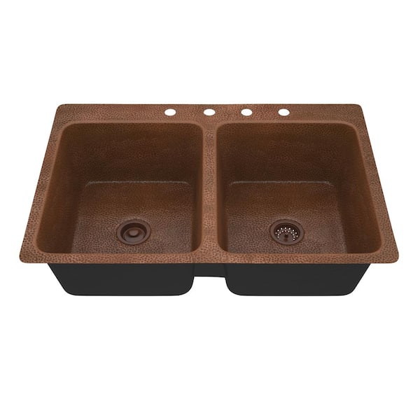 ANZZI Shore Drop-in Handmade Copper 33 in. 4-Hole 50/50 Double Bowl Kitchen Sink in Hammered Antique Copper