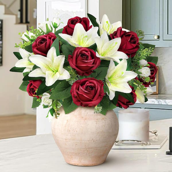LIVING LUXURY 18 in. Red Cream Artificial Mixed Rose