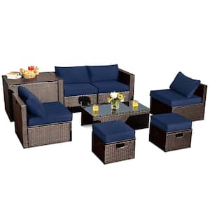 8-Piece All Weather PE Wicker Garden Outdoor Patio Conversation Sofa Set with Navy Cushions and Waterproof Cover